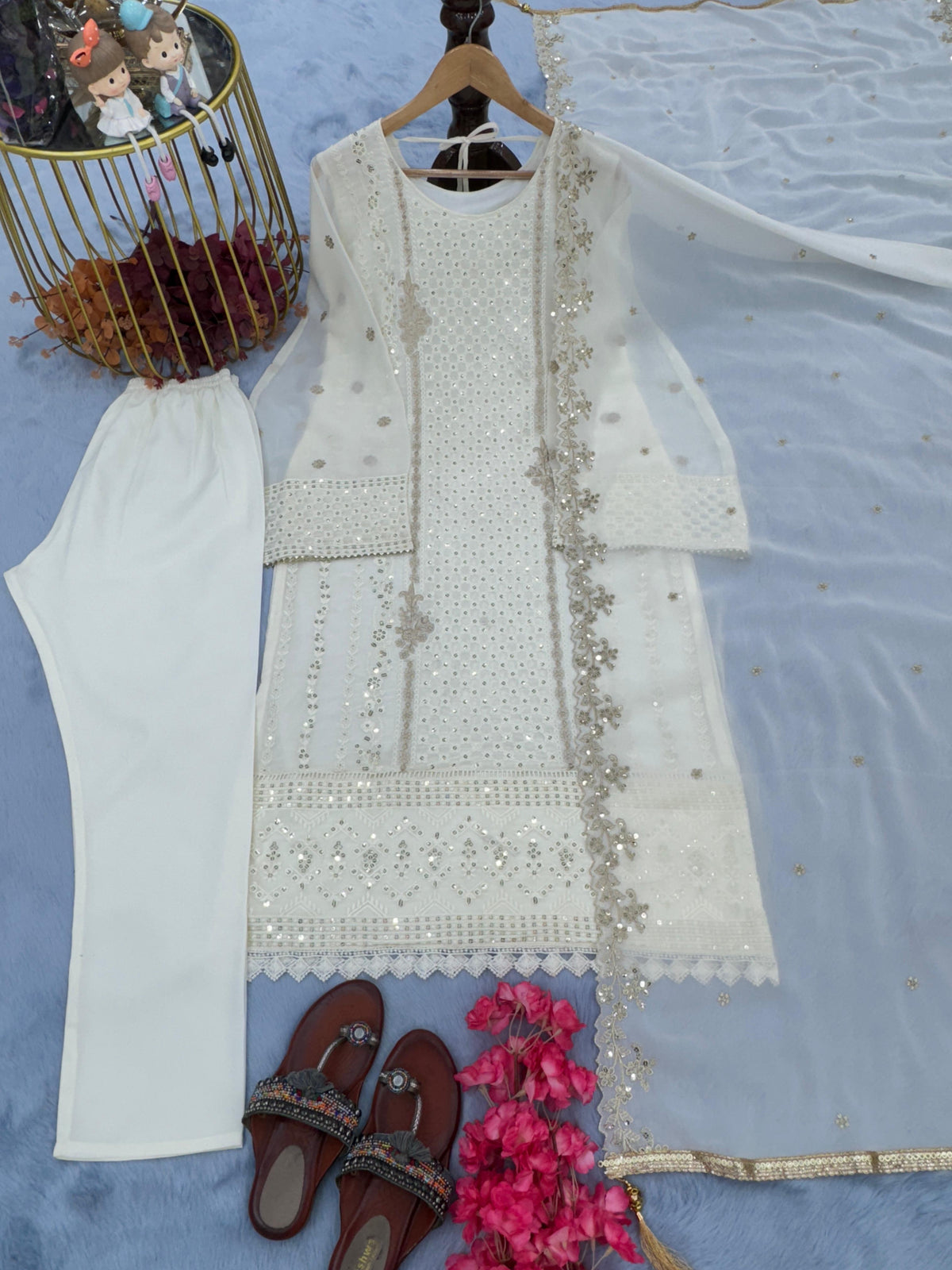 Wedding Wear White Georgette Top Bottom & Dupatta Set