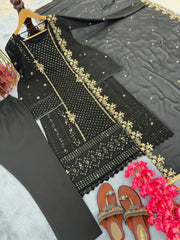 Wedding Wear Black Georgette Top Bottom & Dupatta Set