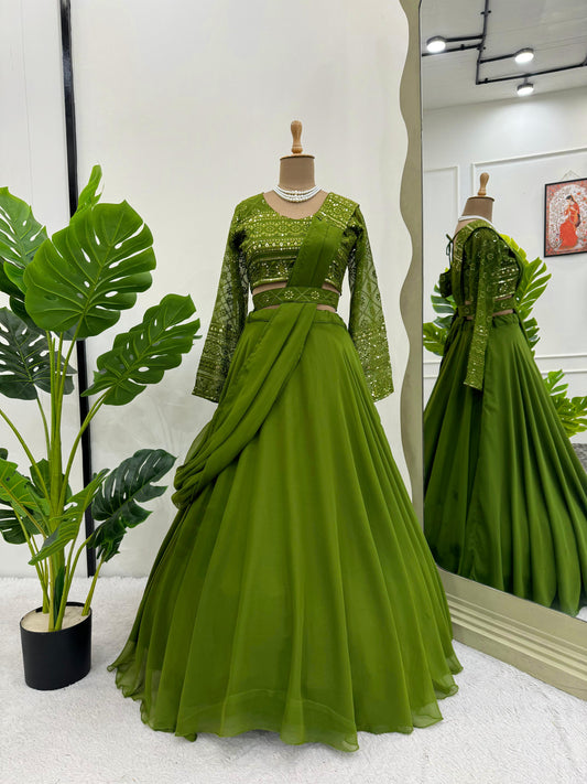 Marvelous Georgette Sequence Work Green Lehenga Choli