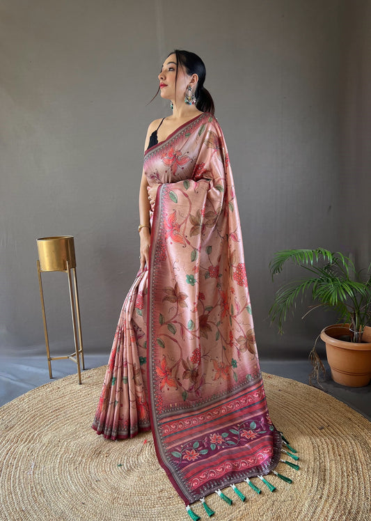 Glossy Digital Print Design Pink Color Silk Saree