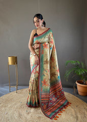 Glossy Digital Print Design Green Color Silk Saree