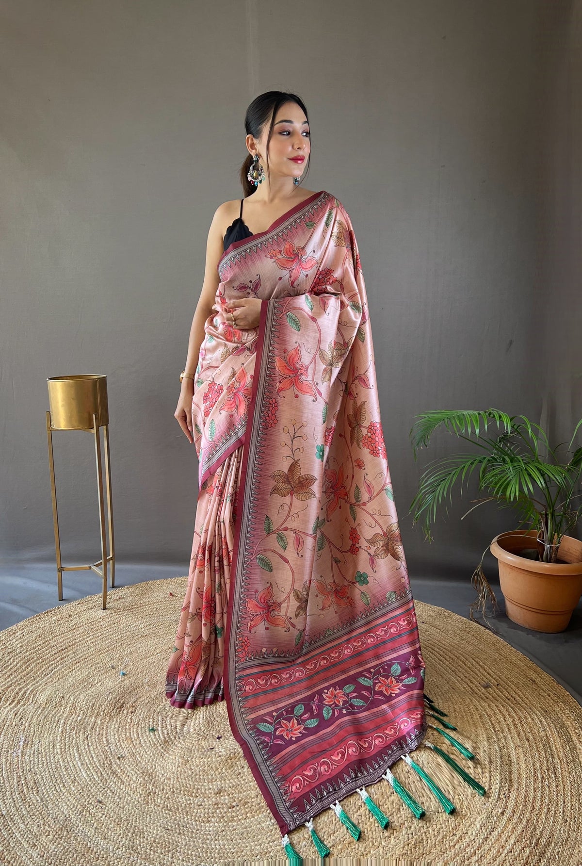 Glossy Digital Print Design Pink Color Silk Saree