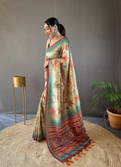 Glossy Digital Print Design Green Color Silk Saree