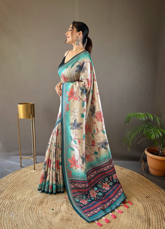 Glossy Digital Print Design Aqua Blue Color Silk Saree