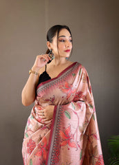 Glossy Digital Print Design Pink Color Silk Saree