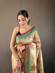 Glossy Digital Print Design Green Color Silk Saree