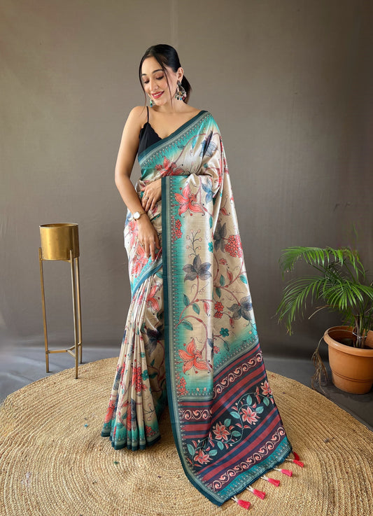 Glossy Digital Print Design Aqua Blue Color Silk Saree