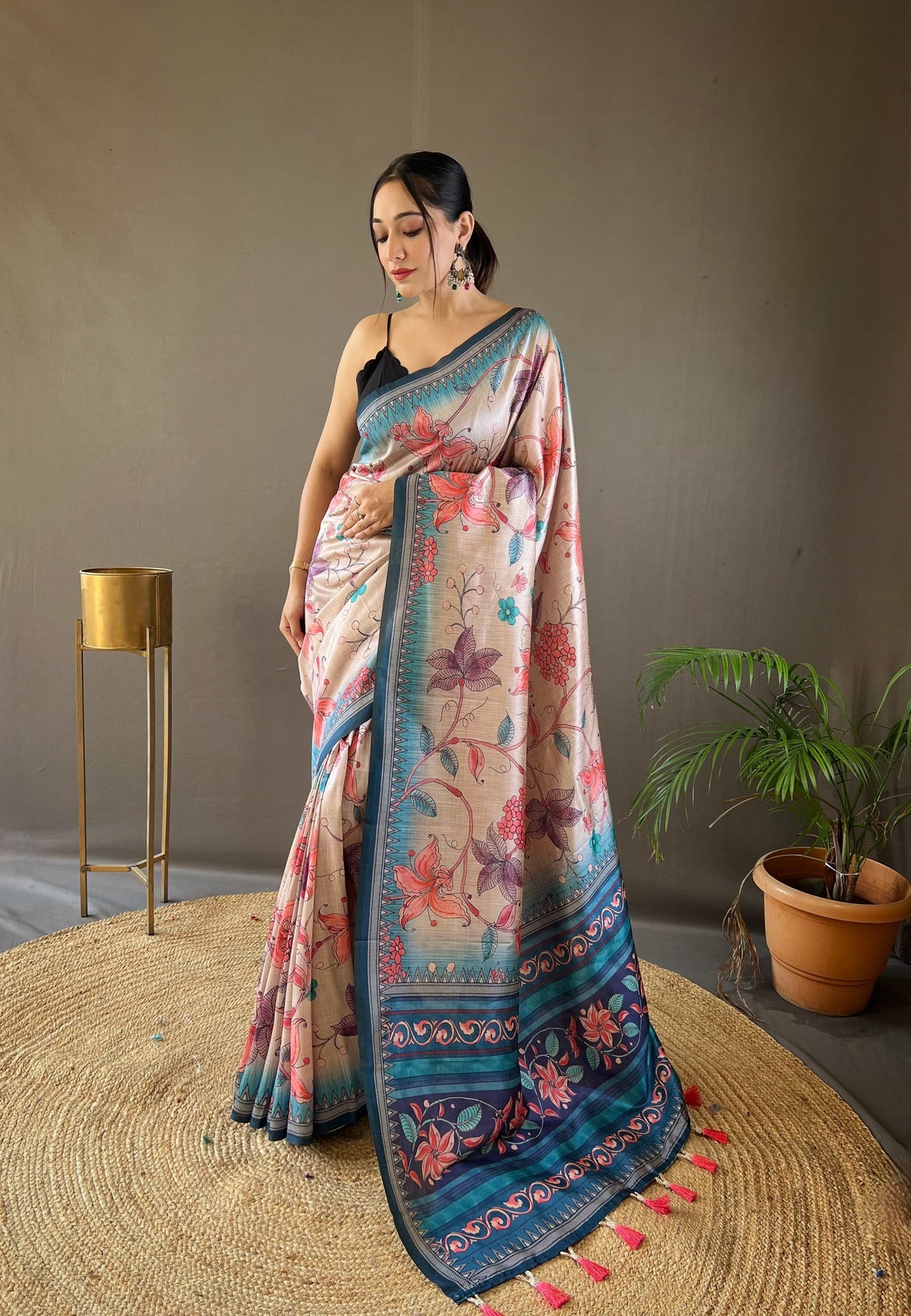 Glossy Digital Print Design Blue Color Silk Saree