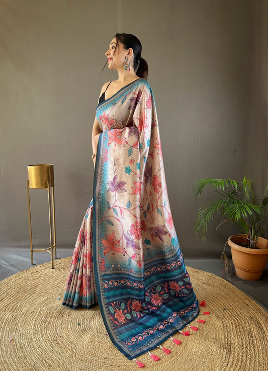 Glossy Digital Print Design Blue Color Silk Saree