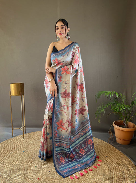 Glossy Digital Print Design Navy Blue Color Silk Saree