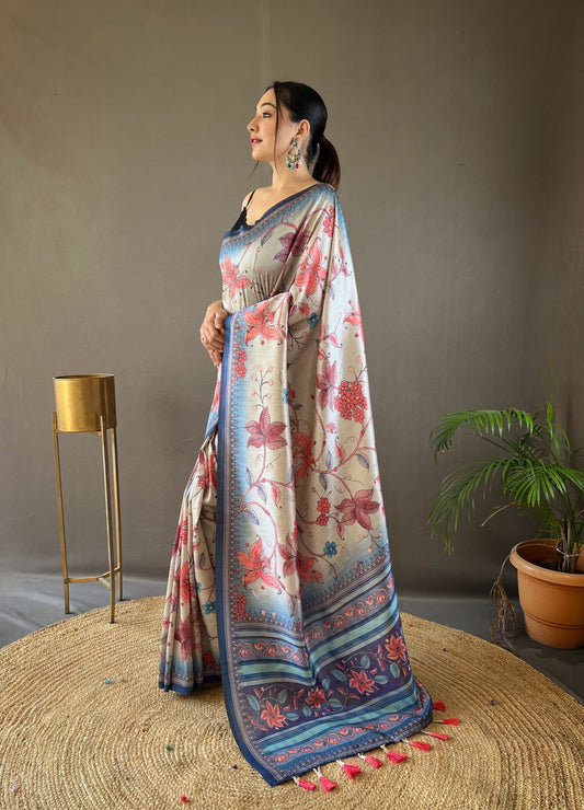 Glossy Digital Print Design Navy Blue Color Silk Saree