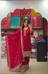 Graceful Chinon Silk Red Color Sharara Suit