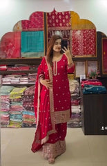 Graceful Chinon Silk Red Color Sharara Suit