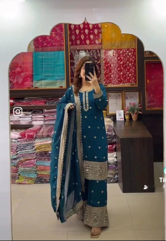 Graceful Chinon Silk Blue Color Sharara Suit