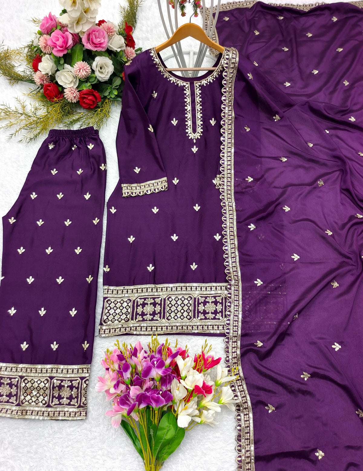 Graceful Chinon Silk Purple Color Sharara Suit