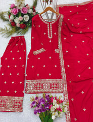 Graceful Chinon Silk Red Color Sharara Suit