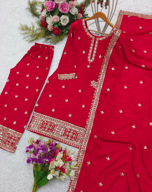 Graceful Chinon Silk Red Color Sharara Suit