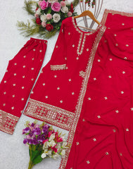 Graceful Chinon Silk Red Color Sharara Suit