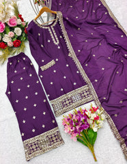 Graceful Chinon Silk Purple Color Sharara Suit