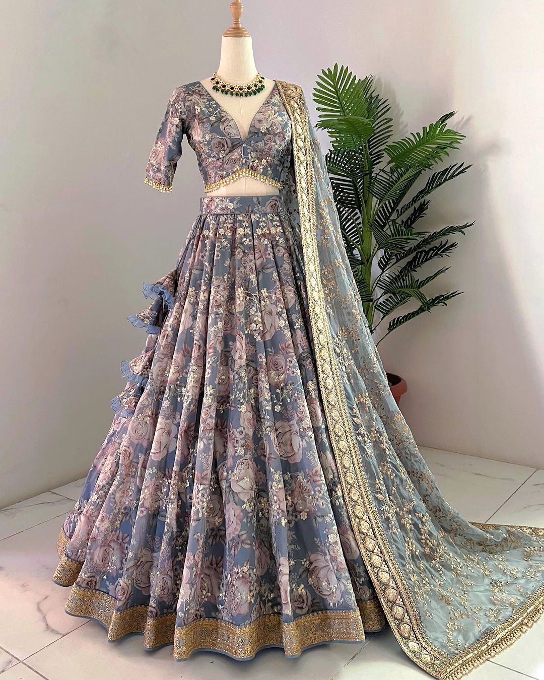 Digital Print With Work Gray Color Lehenga Choli