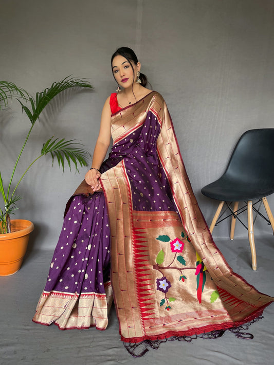 Fashionable Paithani Silk Purple Zari Weaving Work Saree