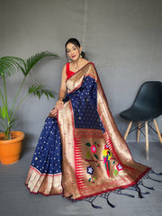 Fashionable Paithani Silk Navy Blue Zari Weaving Work Saree