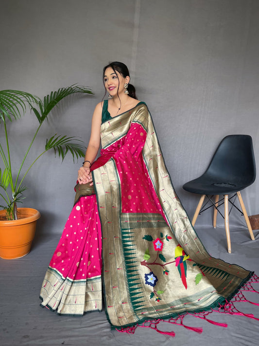 Fashionable Paithani Silk Pink Zari Weaving Work Saree