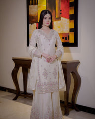 Exclusive White Color Multi Thread Work Superhit Sharara Suit