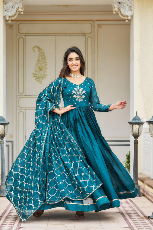 Lovely Teal Blue Color Sequence Embroidery Work Gown With Dupatta