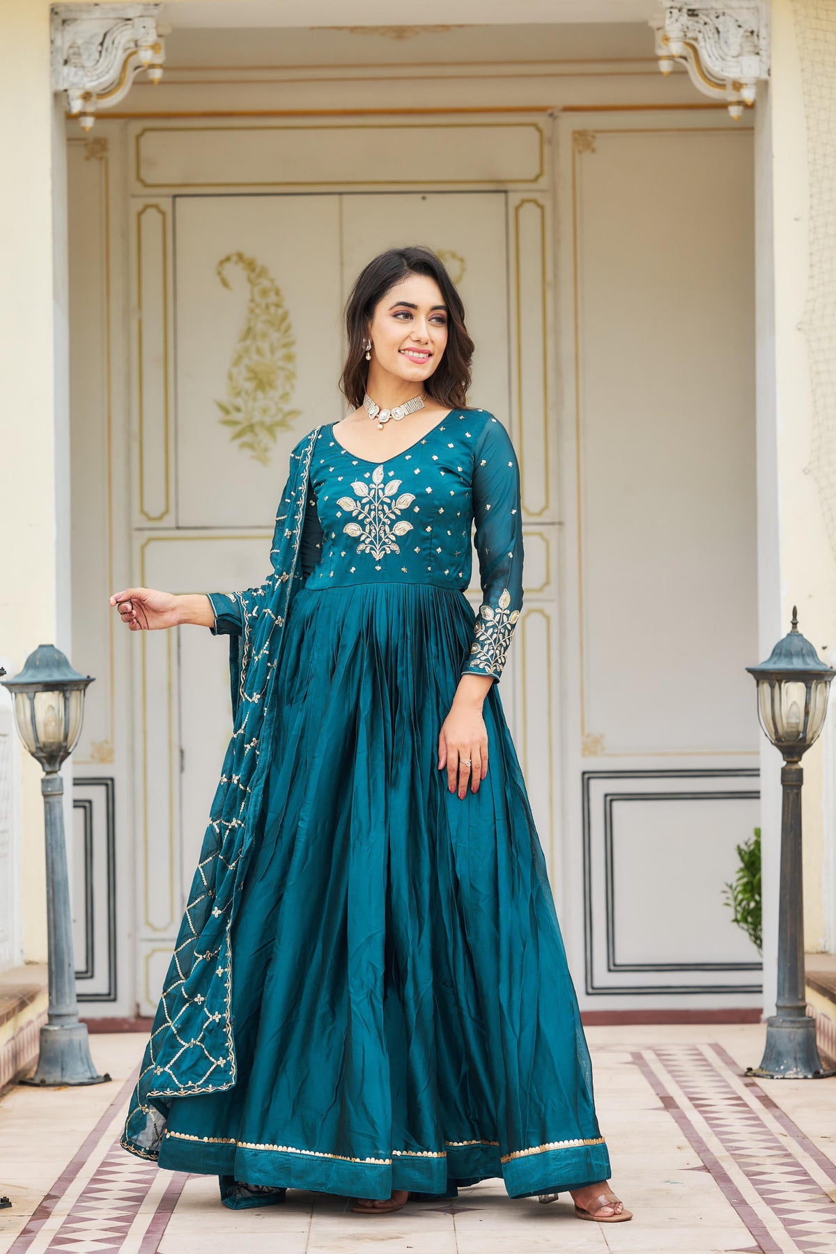 Lovely Teal Blue Color Sequence Embroidery Work Gown With Dupatta