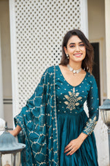 Lovely Teal Blue Color Sequence Embroidery Work Gown With Dupatta