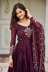 Lovely Wine Color Sequence Embroidery Work Gown With Dupatta