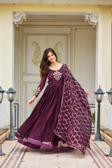 Lovely Wine Color Sequence Embroidery Work Gown With Dupatta