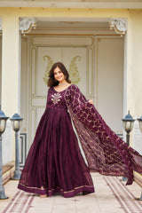 Lovely Wine Color Sequence Embroidery Work Gown With Dupatta