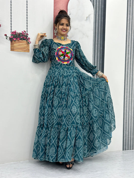 Green Bandhani Print With Beautiful Work Gown