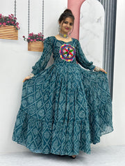 Green Bandhani Print With Beautiful Work Gown