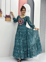 Green Bandhani Print With Beautiful Work Gown