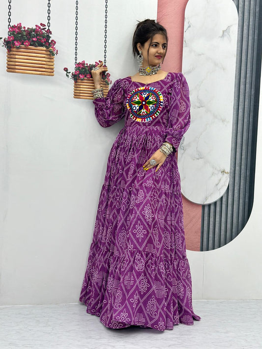 Purple Bandhani Print With Beautiful Work Gown