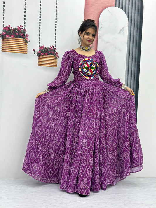 Purple Bandhani Print With Beautiful Work Gown