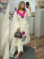 Demanding Cotton White Color With Pink Design Salwar Suit