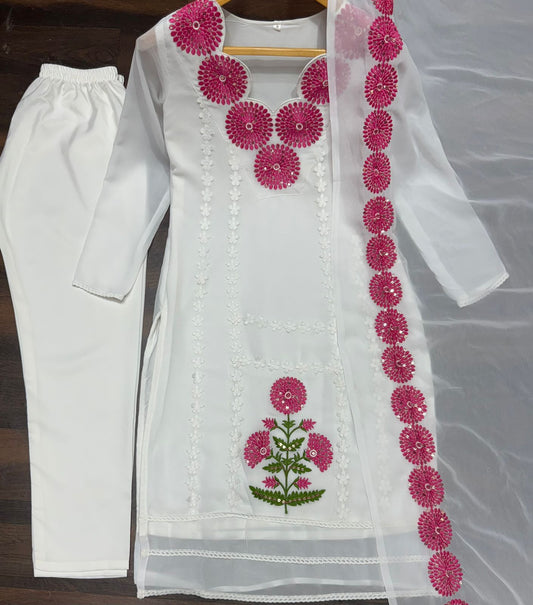 Demanding Cotton White Color With Pink Design Salwar Suit