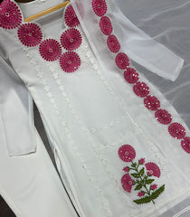 Demanding Cotton White Color With Pink Design Salwar Suit