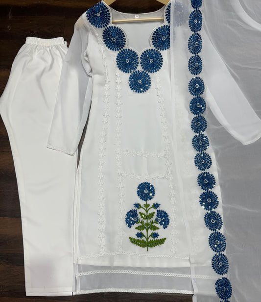 Demanding Cotton White Color With Blue Design Salwar Suit