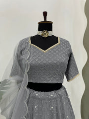 Flattering Grey Color Sequence Work Lehenga Choli