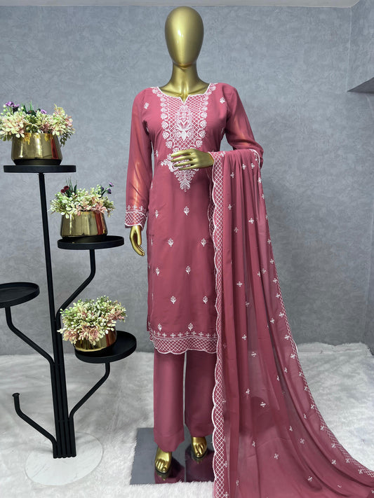 Opulent Dusty Pink Color Thread Work Kurti Pant With Dupatta