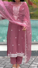 Opulent Dusty Pink Color Thread Work Kurti Pant With Dupatta