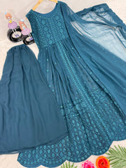 Fantastic Teal Blue Georgette Sequence Work Kurti Palazzo Set