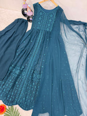 Fantastic Teal Blue Georgette Sequence Work Kurti Palazzo Set