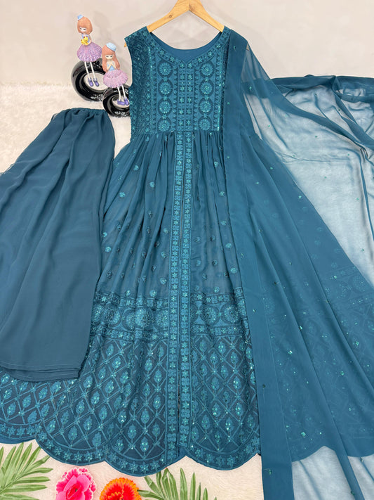 Fantastic Teal Blue Georgette Sequence Work Kurti Palazzo Set