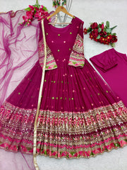 Marvelous Sequence Embroidery Work Pink Color Georgette Gown